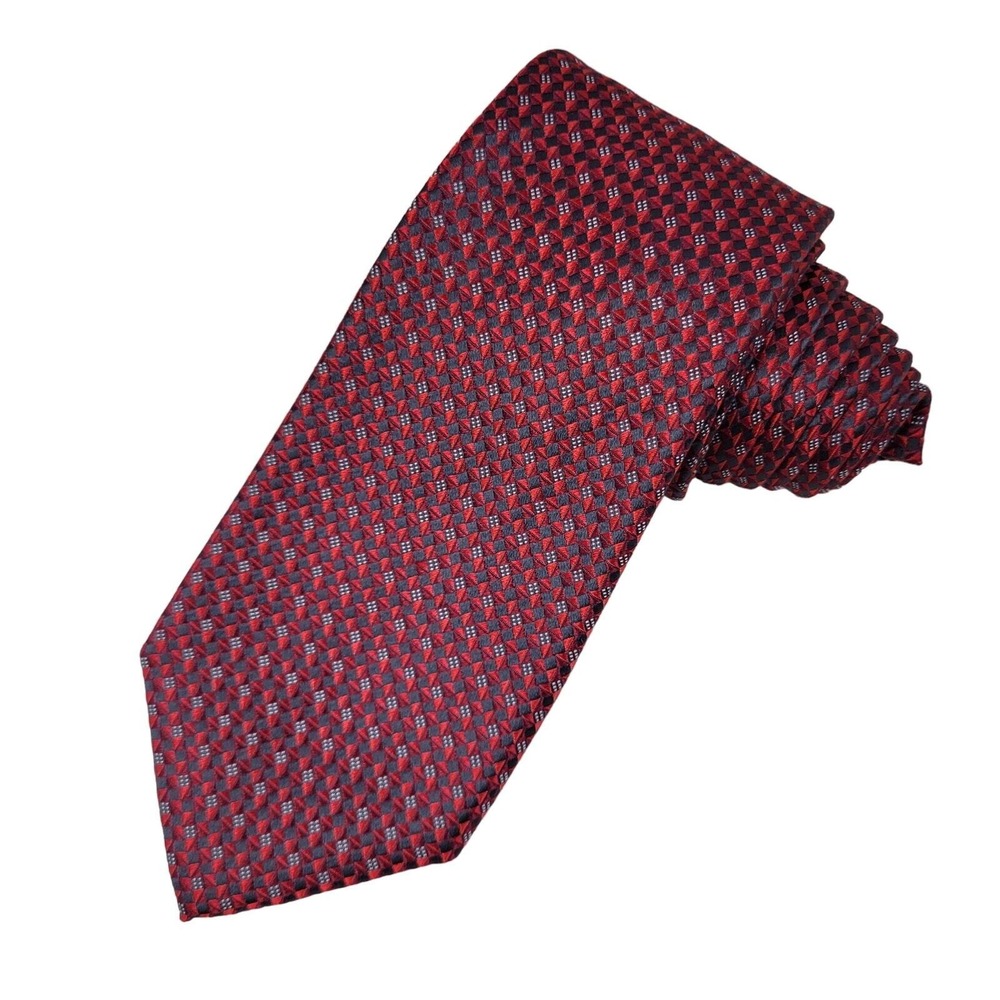 Countess Mara Silk Necktie Men's Foulard Micro Geometric‎ Pattern Shiny Red Gray